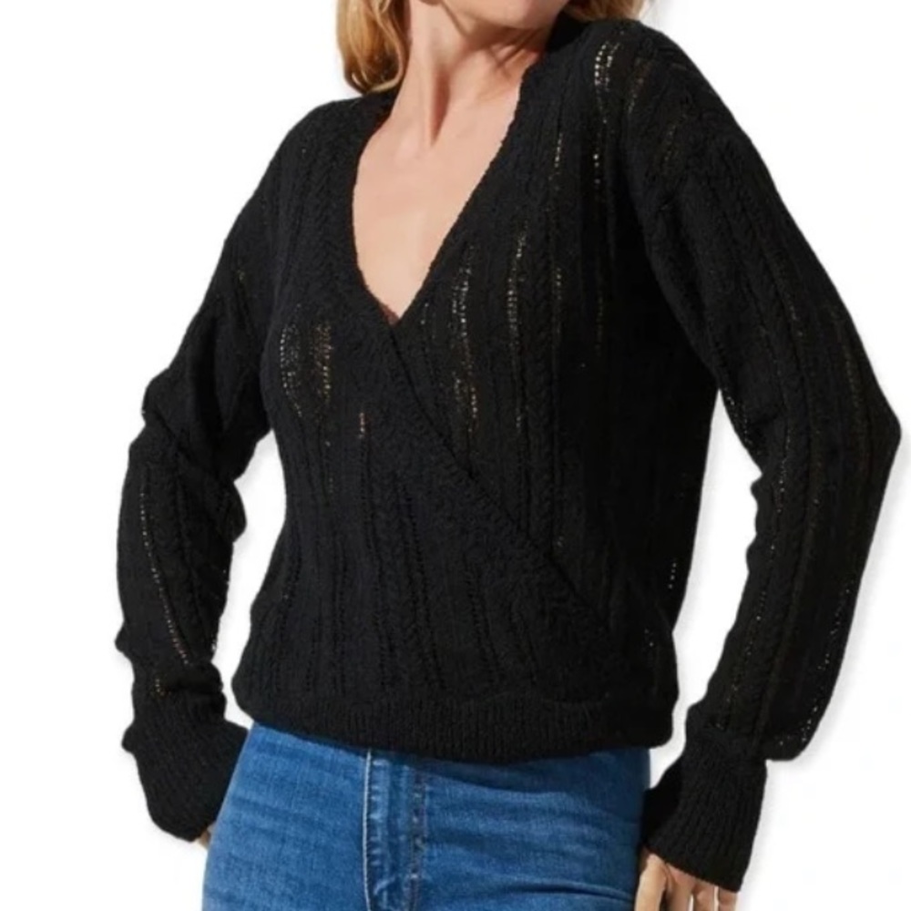 ASTR the Label black pointelle knit surplice neckline faux wrap sweater size XS